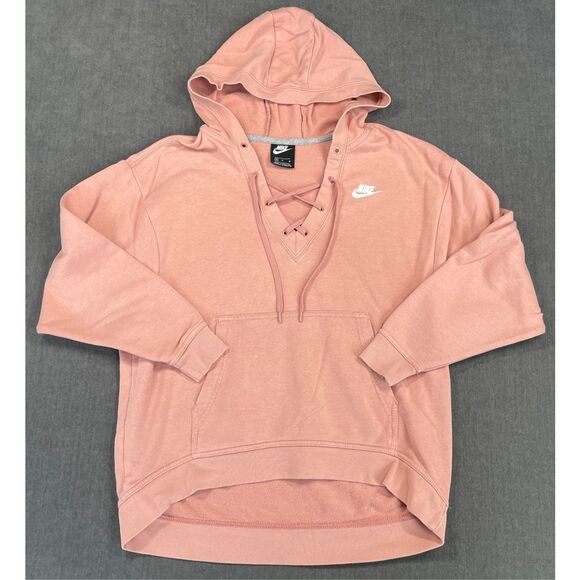 Nike Lace Up Hoodie Women M Pink Pullover Sweatshirt Activewear Athleisure - Picture 1 of 8